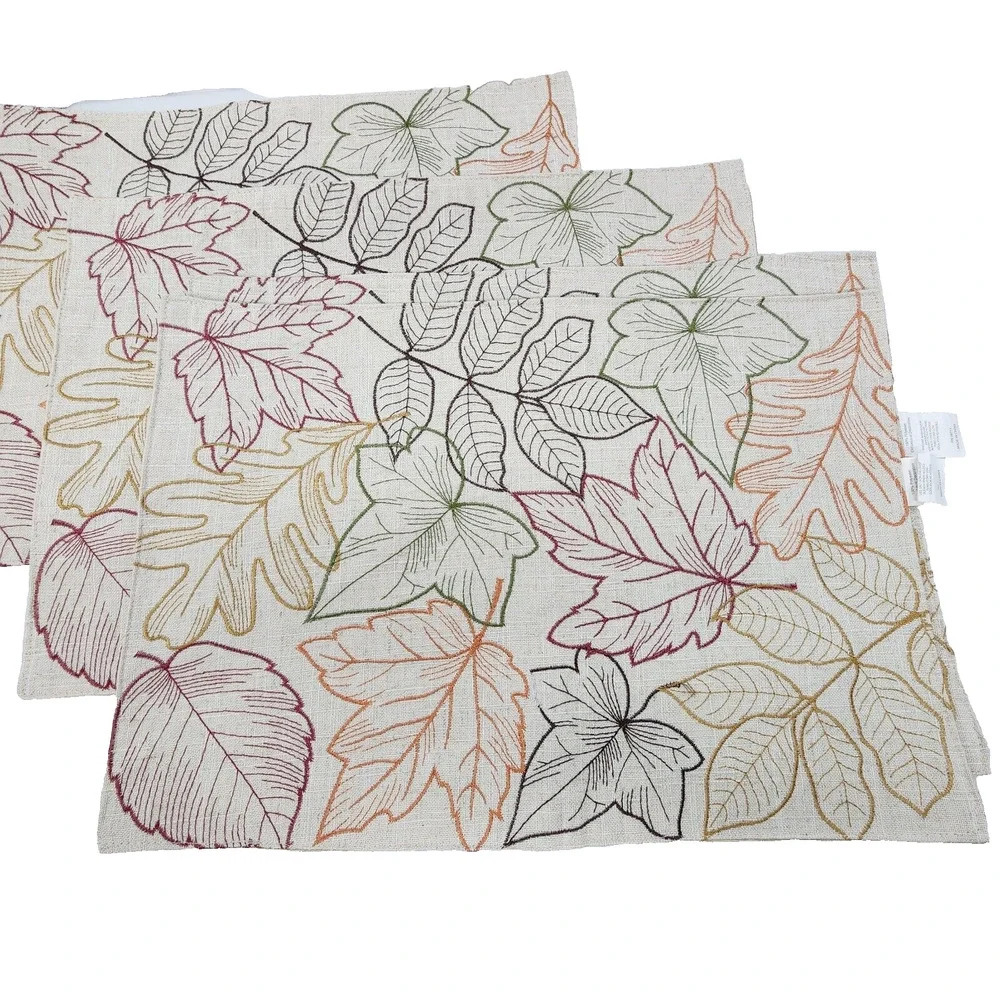 Fall Thanksgiving (4) Placemats 18x12 Embroidered Red Green Brown Leaves Holiday